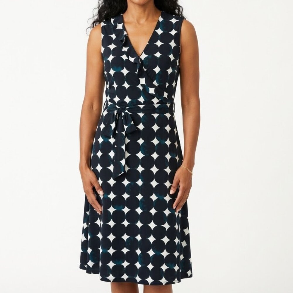 LEOTA Polka Dot Faux Wrap Dress Navy White Ruffle Trim V-Neck Midi Retro Prep L